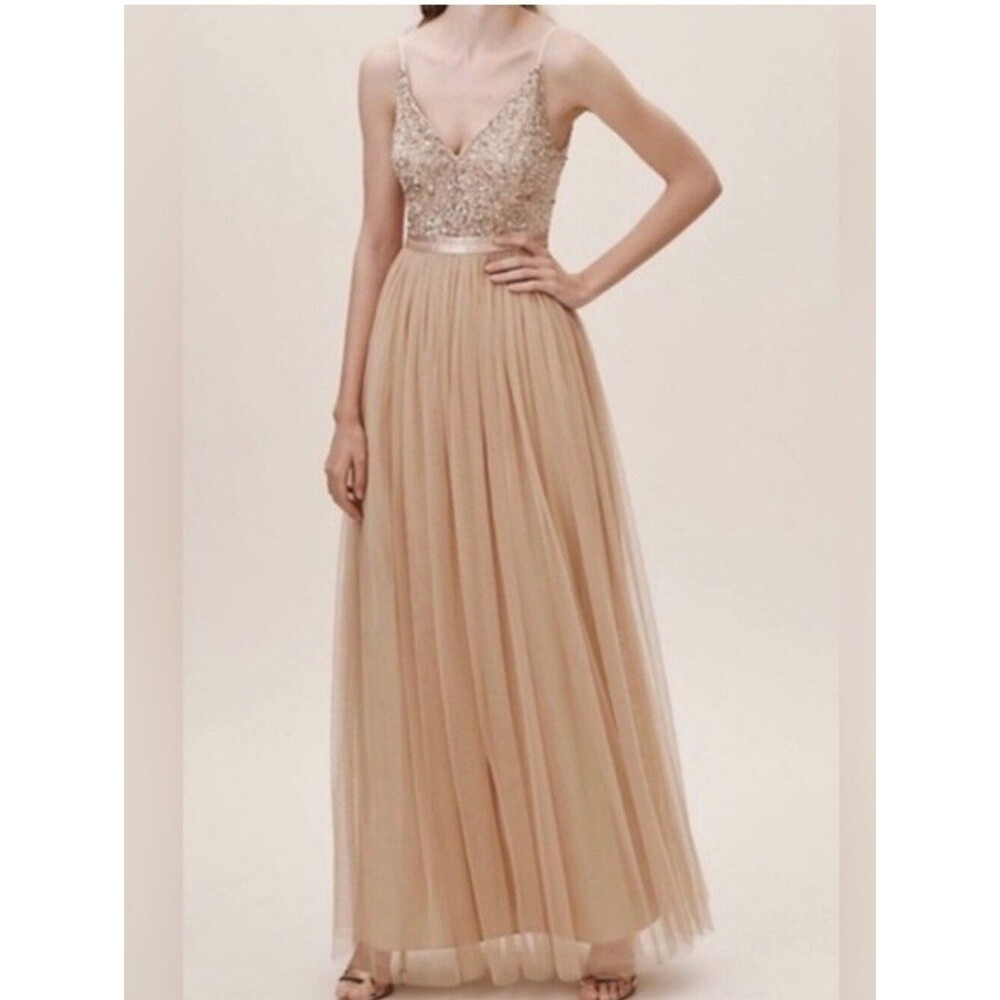 BHLDN Elegant Beaded V-Neck Evening Dress in Champagne Size 4